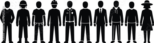 People silhouettes lineup showing different professions workers business and service roles isolated on white background vector illustration modern flat design