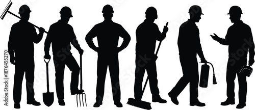 Silhouette icons of construction workers with tools including rake, shovel, pitchfork, broom, extinguisher, and clipboard in black style