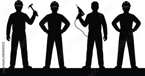 Silhouette of construction workers on platform with hammer, drill, hard hats, teamwork, and occupational safety in black style