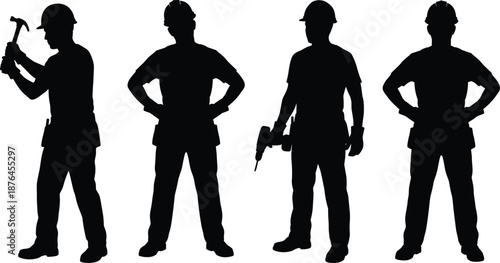Silhouette of construction workers with hammer, drill, hard hats, teamwork, and occupational safety on platform in black style