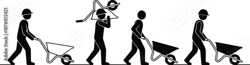 Wheelbarrow Usage Silhouettes Set Featuring Ergonomic Variations and Worker Interaction for Construction and Labor Efficiency Illustrations
