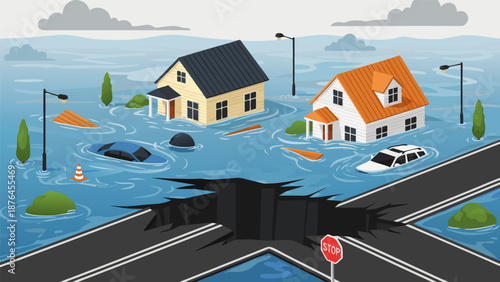 Vector illustration of a flooded city street with houses submerged and cars adrift during a natural disaster