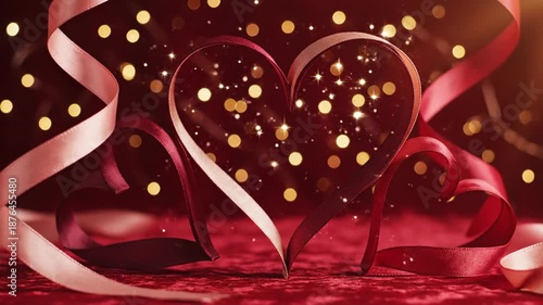 Ribbon heart symbol on red surface with bokeh lights background