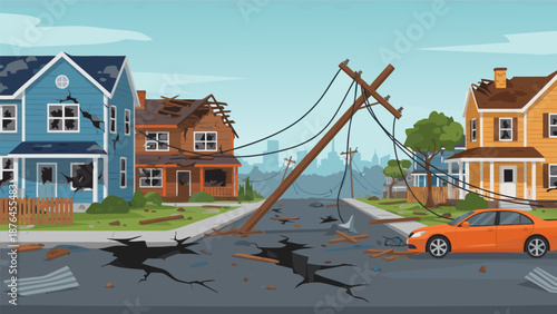 Damaged Neighborhood after Natural Disaster Vector Illustration
