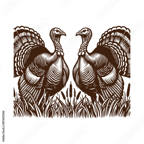 Two turkeys facing each other in a field