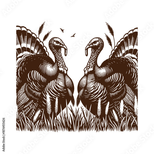 Two turkeys facing each other in a field