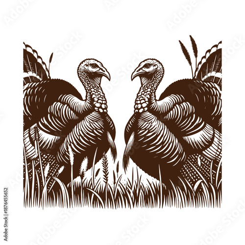 Two turkeys facing each other in a field