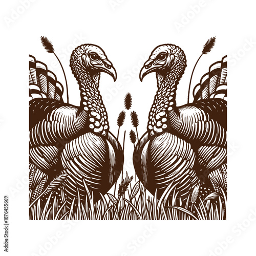 Two turkeys facing each other in a field
