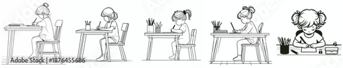 line art of a little girl studying at a desk