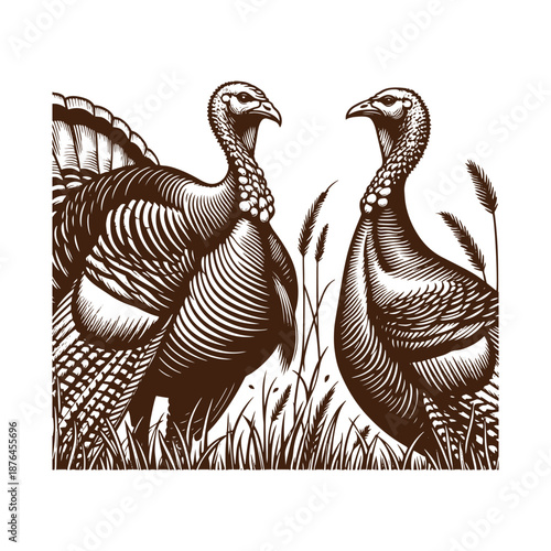 Two turkeys facing each other in a field