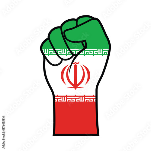 Clenched fist in Iranian Flag colors vector illustration. Iran hand raised fist icon isolated on a white background. Iran flag fist protest symbol. Template for background, banner, card