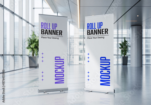 Dual Roll Up Banner Mockup in Modern Lobby