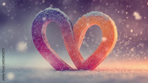 Two snow-covered, colorful heart shapes in snow with soft lighting and a snowy background