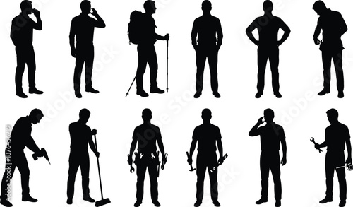 Occupational Silhouettes Set Featuring Phone Use, Hiking, Sweeping, Tool Handling, and Standing Poses for Role Illustrations
