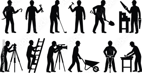 Construction Worker Silhouettes Set Featuring Digging, Surveying, Climbing, Hammering, Sawing, and Operating Tools for Industrial Task Illustrations