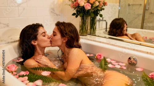 Women Kissing In Flower Filled Tub Mirror Reflection Captures Playful Flirt And Tender Caress Fern Leaves And Rose Petals Float In Warm Water Modern Bathroom Tiles Bouquet On Ledge Soft Ambient Light.