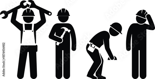 Construction Worker Silhouettes Set Featuring Wrench, Hammer, Tool Belt, and Expressive Poses for Labor Role Illustrations