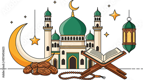 Vibrant mosque scene with crescent moon, Quran, and dates for Ramadan