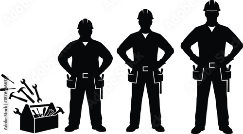 Construction worker silhouettes with tool belts standing confidently beside toolbox isolated on white background professional tradesman vector illustration