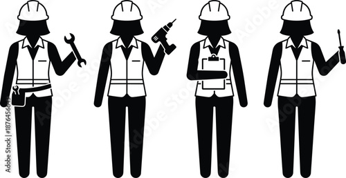 Construction worker silhouettes with wrench, drill, clipboard, screwdriver, safety gear, hard hats, tool belt, and black icon style