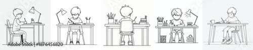 line art of a little boy studying at a desk