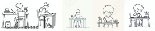 line art of a little boy studying at a desk