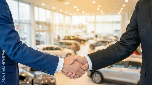 Two in suits shaking hands in a car dealership, symbolizing a successful deal and partnership in the automotive industry