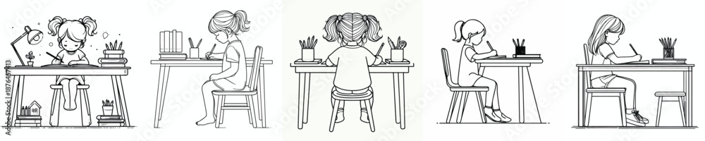 Fototapeta premium line art of a little girl studying at a desk
