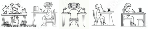 line art of a little girl studying at a desk