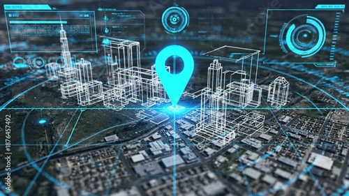 High tech aerial city map with glowing blue location pin over satellite view, holographic wireframe buildings and radial targeting grid, digital navigation overlay pinpointing urban district with