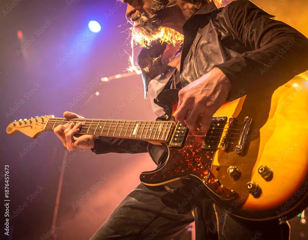 Obraz premium Musician plays an electric guitar under vibrant stage lights, creating an energetic and blurred performance
