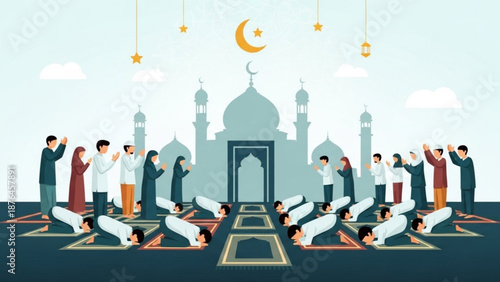 Muslim people praying in front of a mosque Ramadan or Eid celebration concept flat vector illustration for religious events