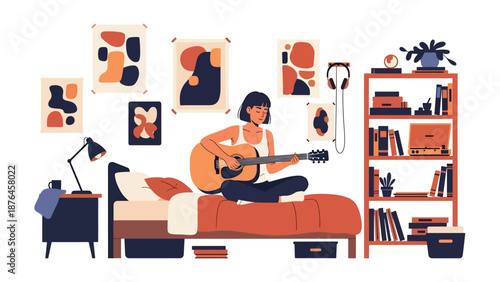 Flat vector illustration of a young woman playing acoustic guitar in her bedroom, creative music hobby lifestyle with cozy interior, calm atmosphere, and solid color design