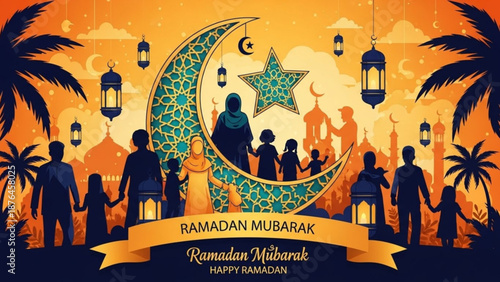 Ramadan Mubarak family gathering with crescent moon and star Islamic celebration illustration for greeting cards and social media war