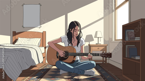 Flat vector illustration of a young woman playing acoustic guitar in her bedroom, creative music hobby lifestyle with cozy interior, calm atmosphere, and solid color design
