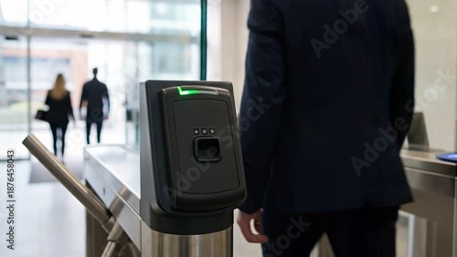 Cybersecurity Threat Landscape concept. Access control at a modern entryway with a card reader.
