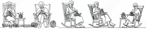 line art of a grandmother sitting knitting