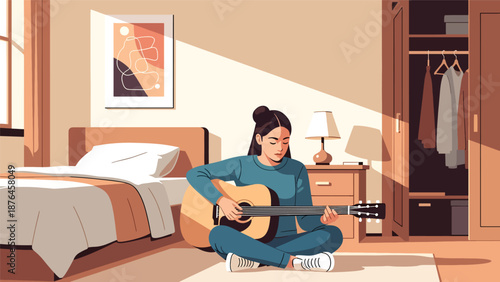 Flat vector illustration of a young woman playing acoustic guitar in her bedroom, creative music hobby lifestyle with cozy interior, calm atmosphere, and solid color design