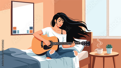 Flat vector illustration of a young woman playing acoustic guitar in her bedroom, creative music hobby lifestyle with cozy interior, calm atmosphere, and solid color design