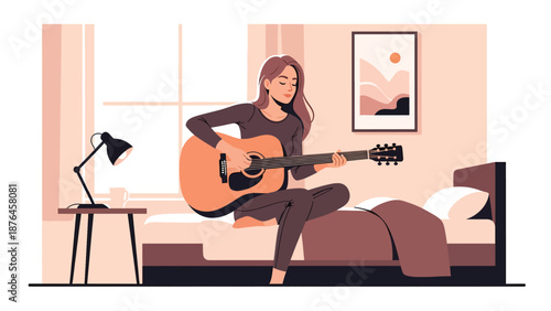Flat vector illustration of a young woman playing acoustic guitar in her bedroom, creative music hobby lifestyle with cozy interior, calm atmosphere, and solid color design