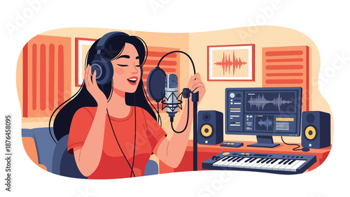 Vector illustration of a young woman singing with headphones and microphone at home, vocal practice and music hobby lifestyle concept in clean flat vector style