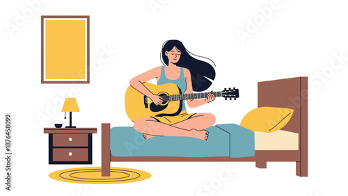 Flat vector illustration of a young woman playing acoustic guitar in her bedroom, creative music hobby lifestyle with cozy interior, calm atmosphere, and solid color design