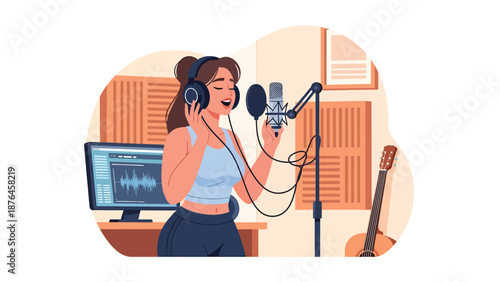 Vector illustration of a young woman singing with headphones and microphone at home, vocal practice and music hobby lifestyle concept in clean flat vector style