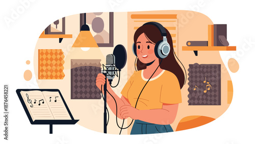 Vector illustration of a young woman singing with headphones and microphone at home, vocal practice and music hobby lifestyle concept in clean flat vector style