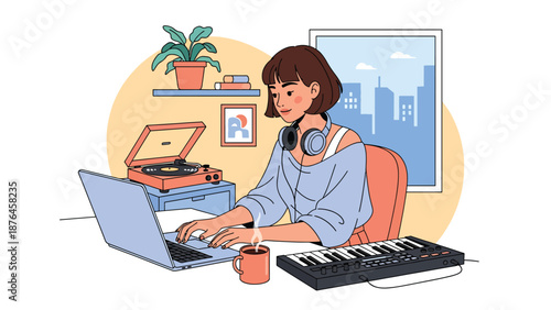 Flat vector illustration of a young woman composing music on a laptop with keyboard controller, modern music production hobby in a home workspace scene