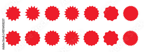 Red starburst badge shapes set. Abstract burst sticker elements. Sale promotion label collection. Bold pricing tag design