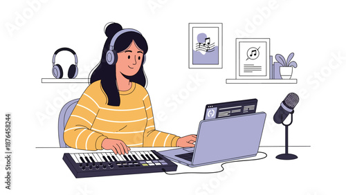 Flat vector illustration of a young woman composing music on a laptop with keyboard controller, modern music production hobby in a home workspace scene