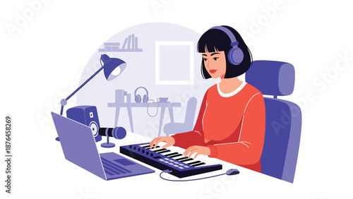 Flat vector illustration of a young woman composing music on a laptop with keyboard controller, modern music production hobby in a home workspace scene