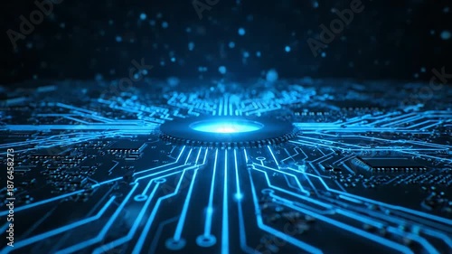 Abstract blue circuit board with a glowing central processor and digital data flow.