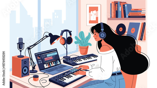 Flat vector illustration of a young woman composing music on a laptop with keyboard controller, modern music production hobby in a home workspace scene